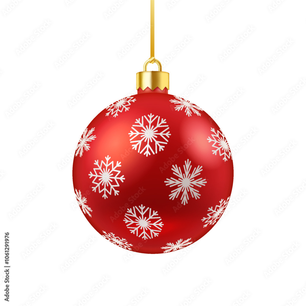 Christmas tree ball with snowflakes pattern realistic vector illustration. Winter holiday round adornment 3d object on white background Christmas tree ball with snowflakes pattern realistic vector illustration. Winter holiday round adornment 3d object on white background