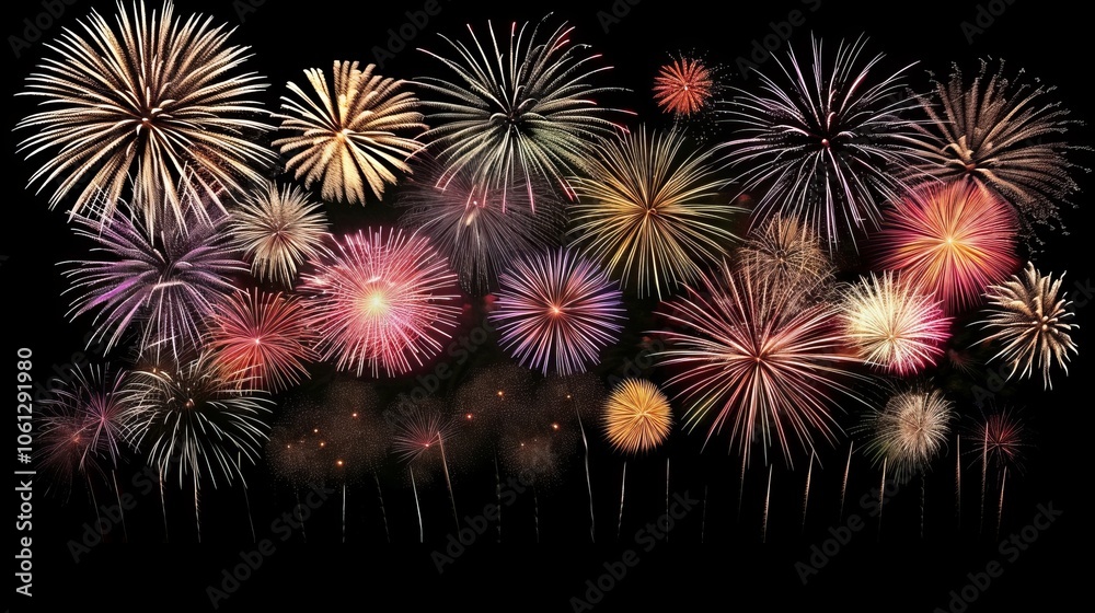 Vibrant fireworks display against dark night sky symbolizing new beginnings, dynamic burst of light captured with wide-angle lens, ample copy space for text or design elements. Vibrant fireworks display against dark night sky symbolizing new beginnings, dynamic burst of light captured with wide-angle lens, ample copy space for text or design elements.