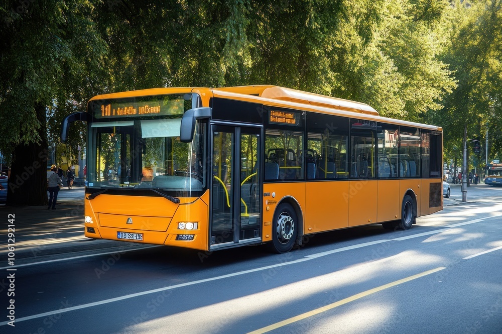 An orange city bus on a tree-lined street, ready for passengers. An orange city bus on a tree-lined street, ready for passengers.
