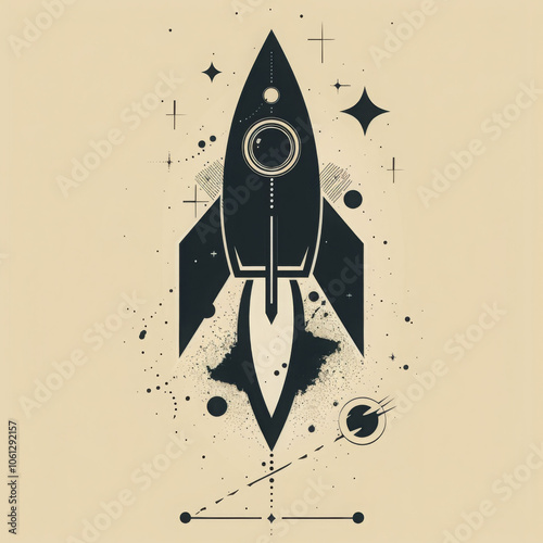 Minimal logo design featuring rocket with stars and planets in cosmic theme, evoking sense of adventure and exploration