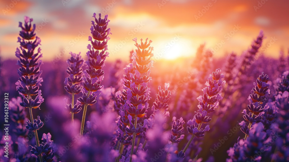 close-up of vibrant lavender fields stretching across the landscape, soft purple tones under a warm sunset close-up of vibrant lavender fields stretching across the landscape, soft purple tones under a warm sunset