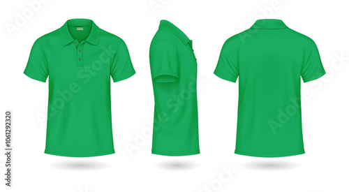 Modern green polo t-shirts mockup realistic vector illustrations set. Casual attire for summer season template 3d model on white background