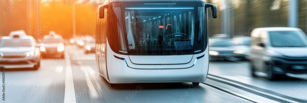 Futuristic bus traveling on a road amidst other vehicles during sunset. Futuristic bus traveling on a road amidst other vehicles during sunset.