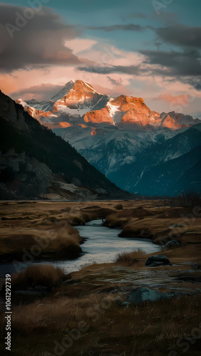 Breathtaking mountain landscape at sunset, featuring snow-capped peaks illuminated by golden light, with a serene stream winding through a lush valley. Perfect for nature lovers.