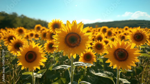 field of sunflowers facing the sun, bright yellow petals under a clear blue sky, cheerful and uplifting