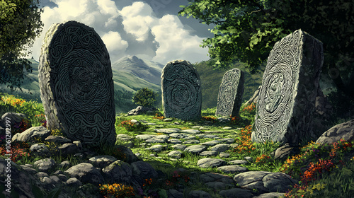 Ancient celtic stone carvings detailed celtic stone carvings featuring spirals and knots, set in a lush irish landscape, highlighting ancient craftsmanship. Ancient Celtic Village. Illustration photo