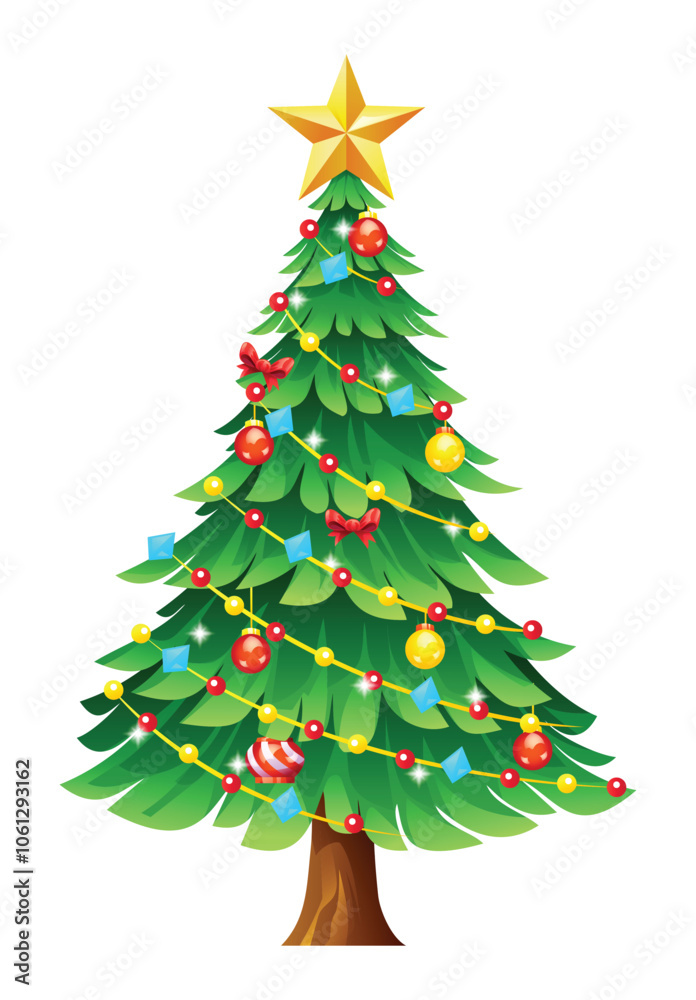 Fototapeta premium Christmas tree adorned with colorful ornaments and star. Vector cartoon illustration