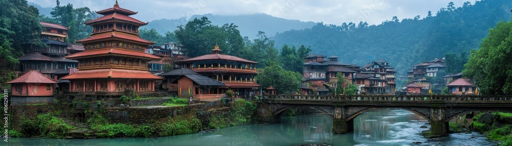 Serene landscape featuring traditional architecture near a river, surrounded by mountains. Serene landscape featuring traditional architecture near a river, surrounded by mountains.