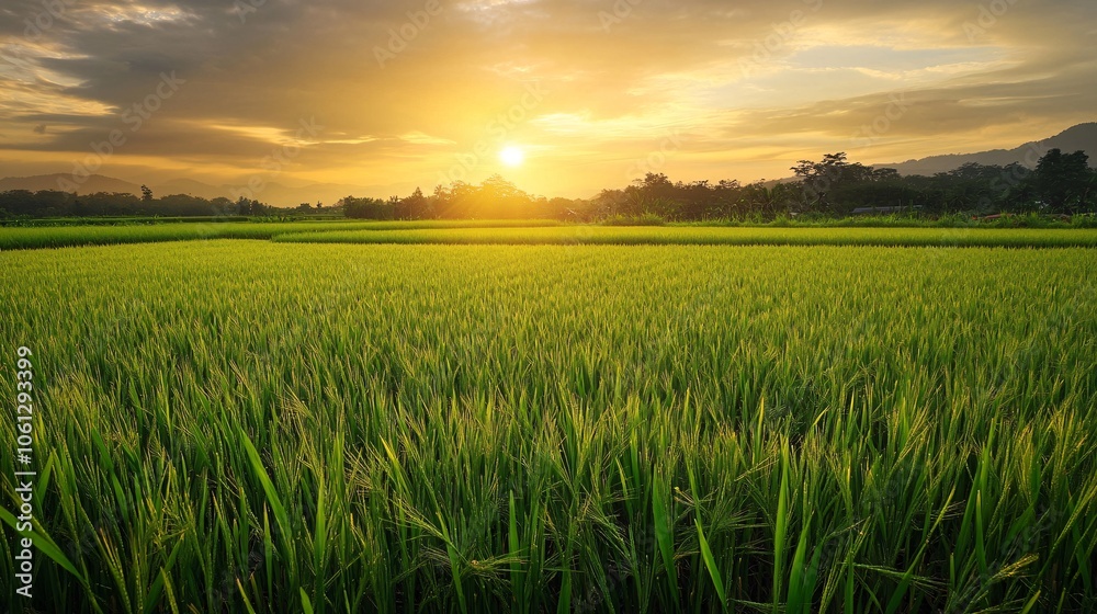 123.Expansive view of a lush green paddy field bathed in the golden light of sunset, rain clouds in the distance, with glistening raindrops adding a fresh, serene feel to the agricultural landscape. 123.Expansive view of a lush green paddy field bathed in the golden light of sunset, rain clouds in the distance, with glistening raindrops adding a fresh, serene feel to the agricultural landscape.
