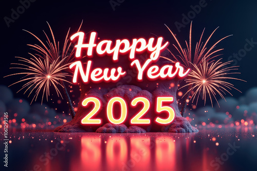 A vibrant night sky filled with colorful fireworks, with Happy New Year written in bold, festive fonts. Below, incorporate 2025 in a shimmering, gold or silver effect to represent celebration