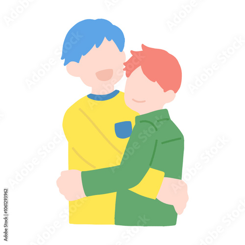 抱き合いながら笑う仲良しペア[男性]のフラットなイラスト
