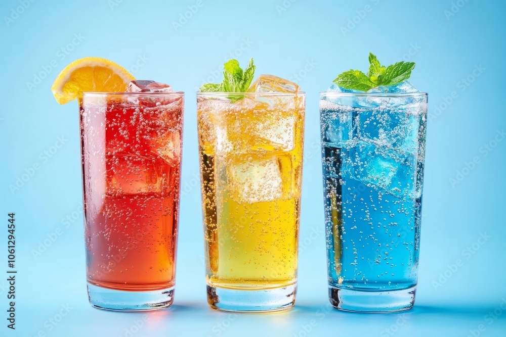 three colorful glasses of beverages, each topped with ice cubes and garnished with mint leaves or a citrus slice. The drinks giving a refreshing and vibrant summer vibe three colorful glasses of beverages, each topped with ice cubes and garnished with mint leaves or a citrus slice. The drinks giving a refreshing and vibrant summer vibe