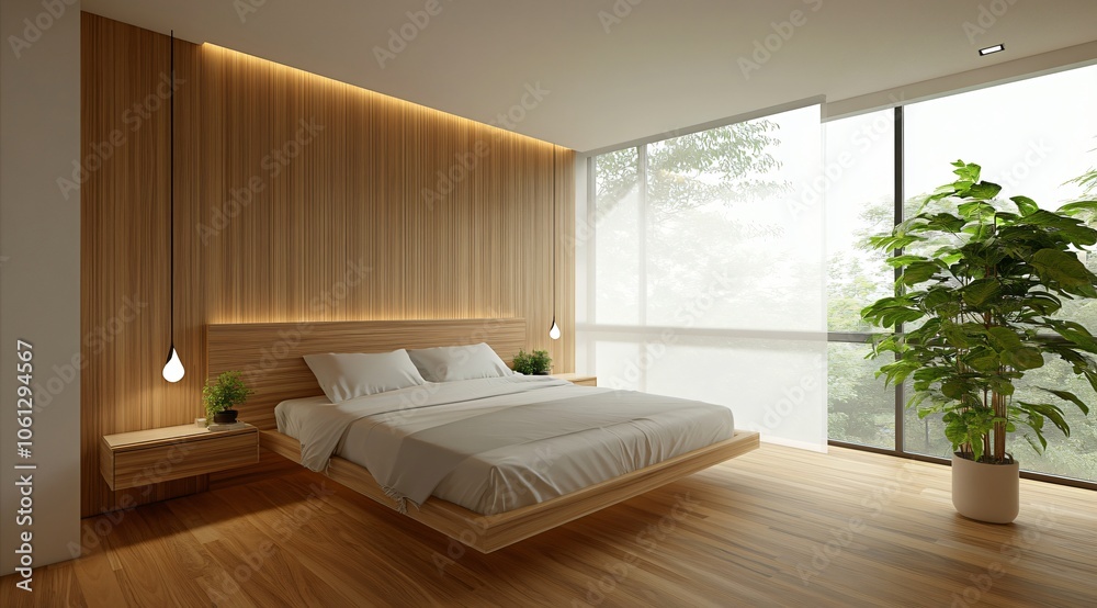 Fototapeta premium Modern Minimalist Bedroom Interior Design with Wood Wall and Floating Bed