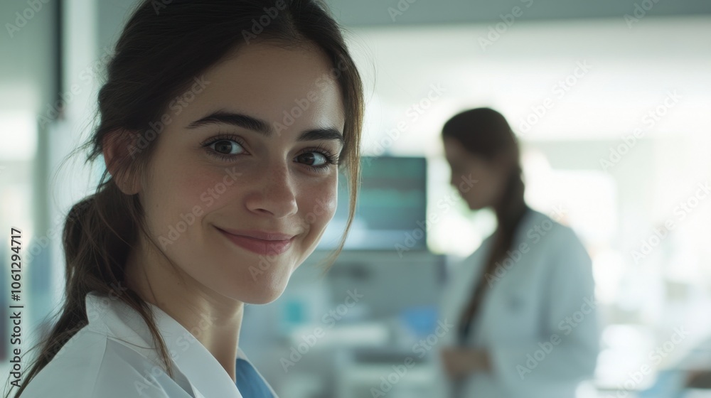 Beautiful female doctor in a medical office, confidently smiling with a colleague in the background, creating a friendly and inviting scene Beautiful female doctor in a medical office, confidently smiling with a colleague in the background, creating a friendly and inviting scene