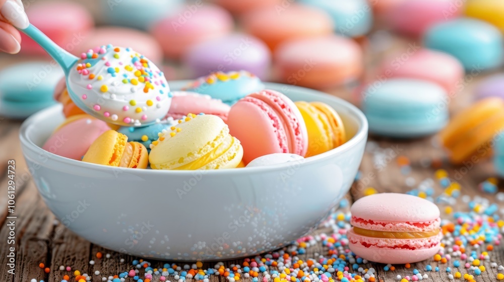 Fototapeta premium Colorful macarons in a bowl. French macaroon cookies with colorful sprinkle topping on wooden table.