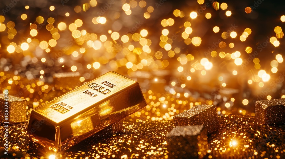Gold bar on shiny background with glittering lights. Concept of wealth, investment, and luxury. Gold bar on shiny background with glittering lights. Concept of wealth, investment, and luxury.