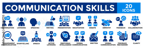 Communication skills icon collection set.Containing conversation,negotiation,speech,presentation,debate icon.Simple flat vector illustration.