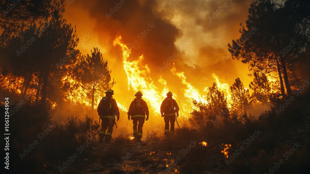 Fototapeta premium wildfire burning through a dry forest, firefighters battling flames, urgent environmental crisis