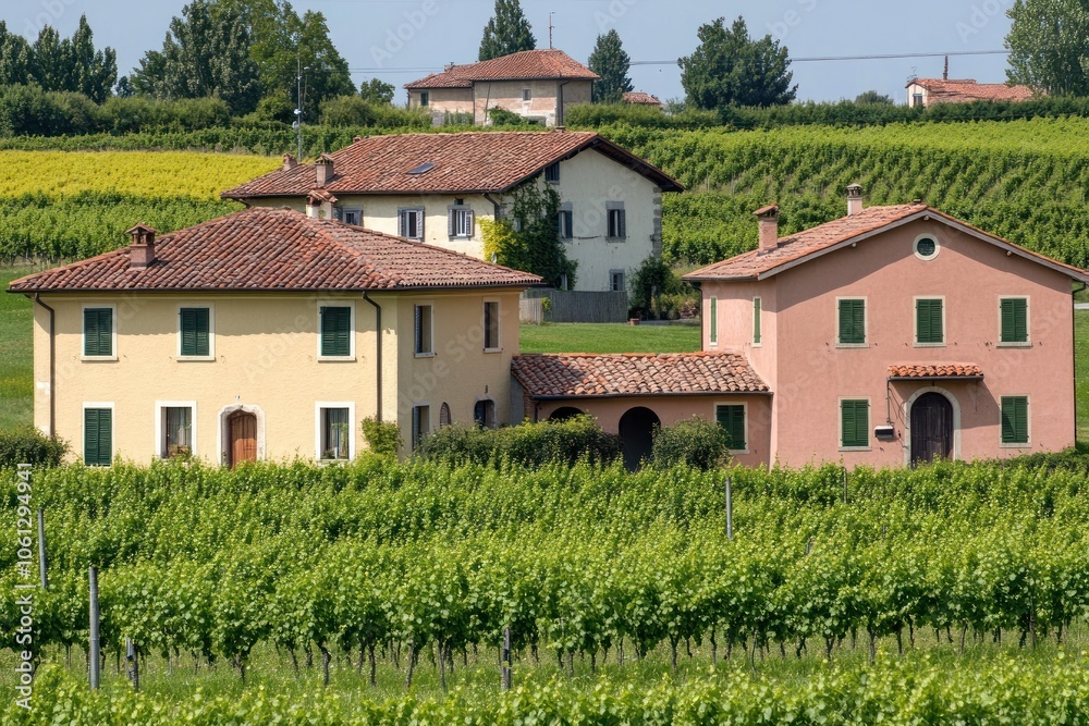 Scenic countryside with vineyards and traditional houses.