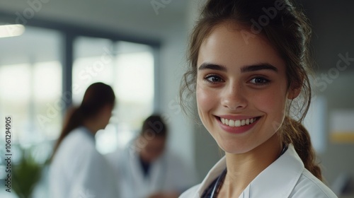 Free Download Beautiful young doctor in a healthcare environment, smiling warmly, with a team member working in the background, creating a professional yet friendly ambiance - GFXLoad