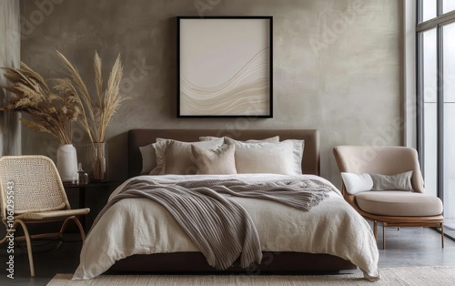 Elegant mockup of an abstract art piece in dark beige and white on canvas, framed in black