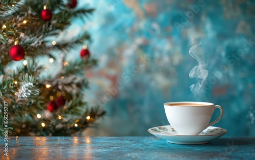 Living room interior close-up showcasing a vibrant Christmas tree and a steaming cup of coffee on a stylish table, set against a soothing blue wall, evoking holiday warmth 