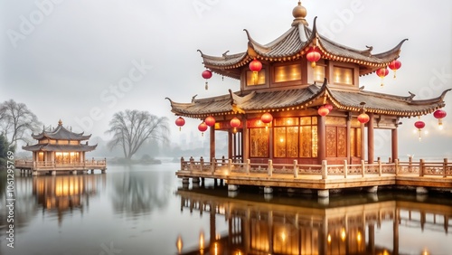 Traditional Chinese pavilion with lanterns on water in misty ambiance