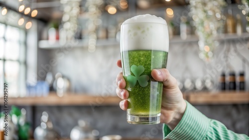 Man holding green beer with shamrock in festive bar on St. Patrick's Day photo