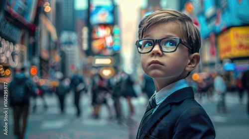 A dapper little boy in glasses and a suit stands confidently on a bustling city street, exuding charm and style.