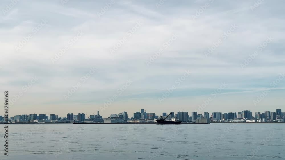 若洲海浜公園から望む東京の都市景観と通過する船舶 若洲海浜公園から望む東京の都市景観と通過する船舶