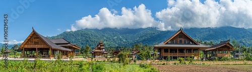 Scenic view of traditional architecture against a backdrop of mountains and blue skies.