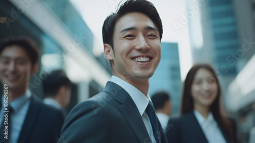 Professional Japanese business team in suits walking in a modern office. Smiling adult men and women looking confident, arms crossed, in a vibrant corporate setting.