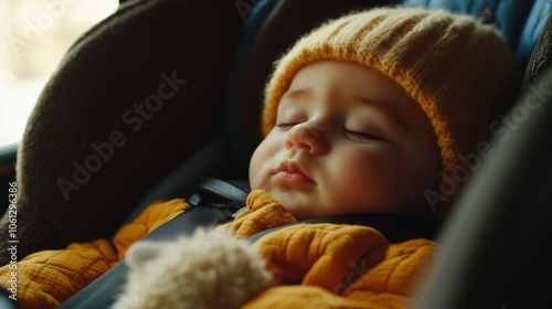 Close-up of infant in a cozy car seat, perfect for baby travel moments and infant safety themes photo