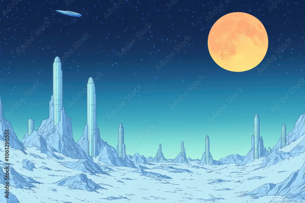 Futuristic lunar landscape with a large moon and towering structures under a starry sky Futuristic lunar landscape with a large moon and towering structures under a starry sky