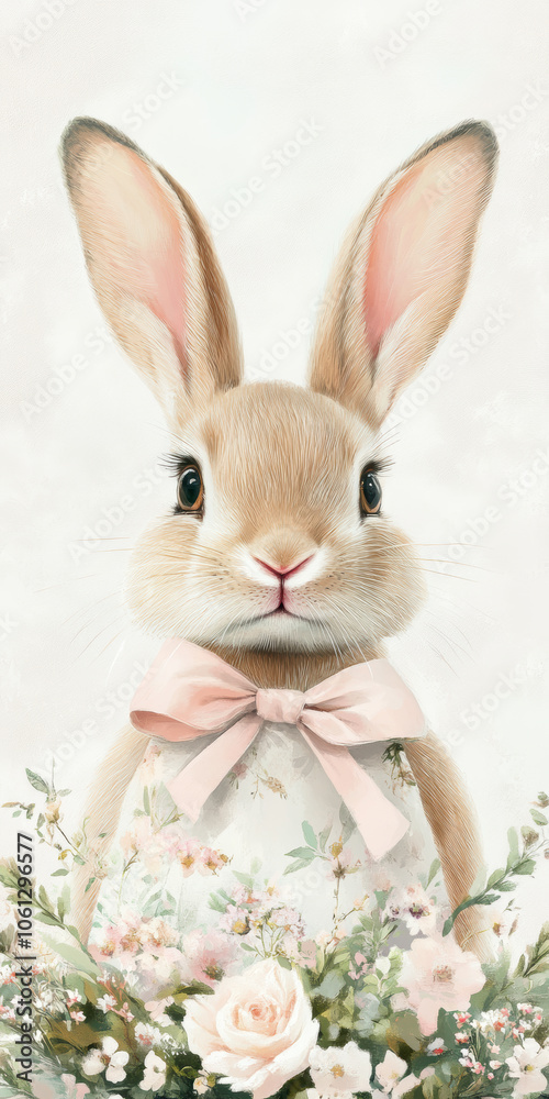 Obraz premium Adorable bunny with pink bow surrounded by delicate flowers in watercolor style