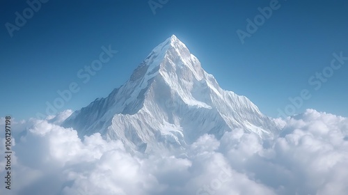 Majestic snow-capped mountain peaks rise above serene cloudy landscape
