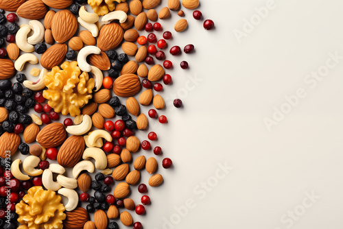 many nuts and berries lie on a white background