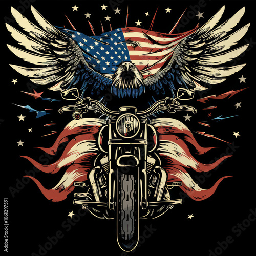 A eagle with speard wings above a harley davidson motorcycle with usa flag on his back 