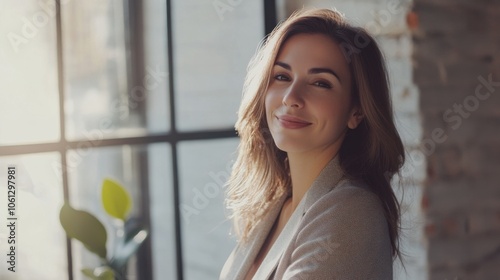 Elegant businesswoman in a stylish office, with a bright, professional atmosphere, smiling with confidence Free Download Elegant businesswoman in a stylish office, with a bright, professional atmosphere, smiling with confidence - GFXLoad