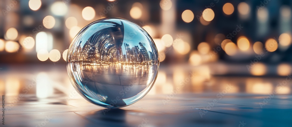 Fototapeta premium Cityscape Reflection in Crystal Ball on Blurry Background