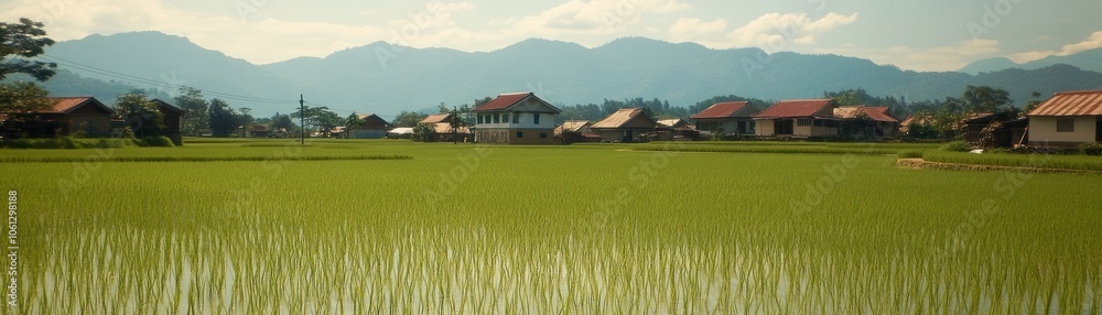 Lush green rice fields with mountains and houses in the background. Lush green rice fields with mountains and houses in the background.