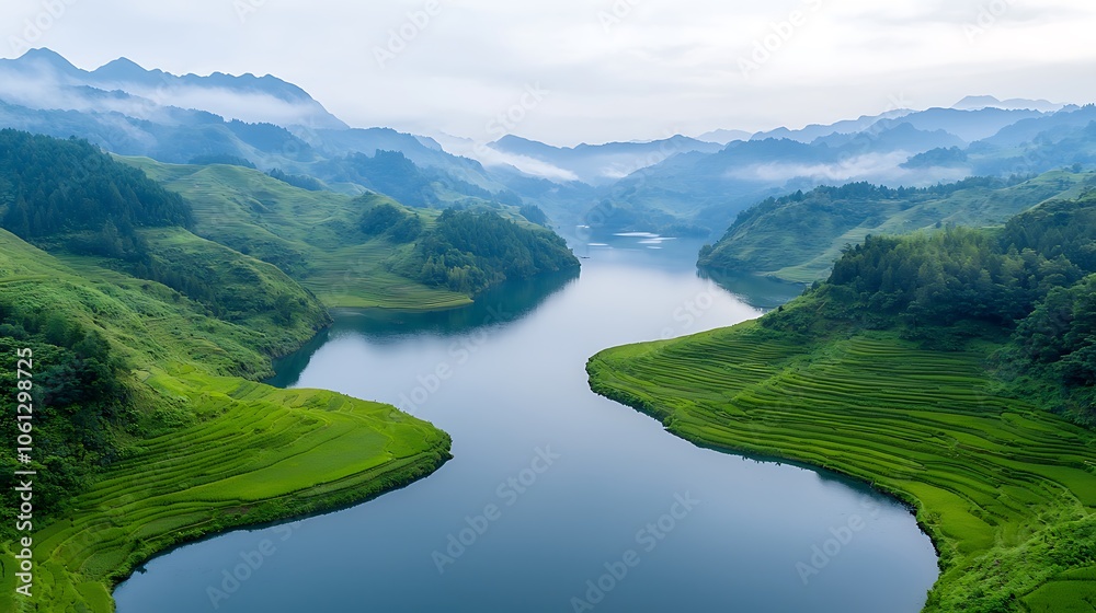 Explore the breathtaking serenity of lush green terraced fields and tranquil rivers in scenic landscapes Explore the breathtaking serenity of lush green terraced fields and tranquil rivers in scenic landscapes