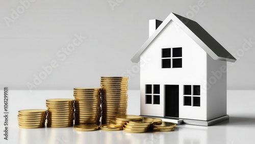 A miniature white house next to stacks of gold coins, symbolizing wealth, investment, and real estate.