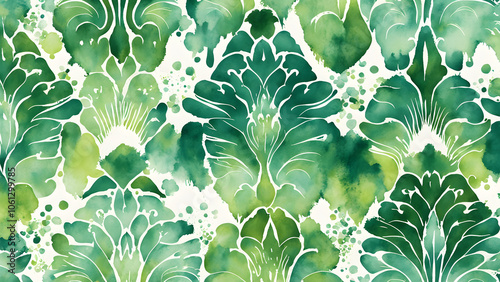 A green and white floral pattern with watercolor splatters