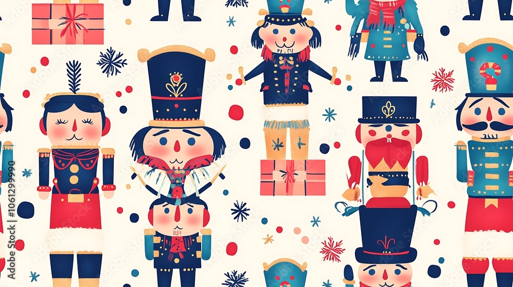 Fototapeta premium A festive pattern featuring Nutcracker characters with decorated uniforms, toy soldiers, and playful holiday gifts.