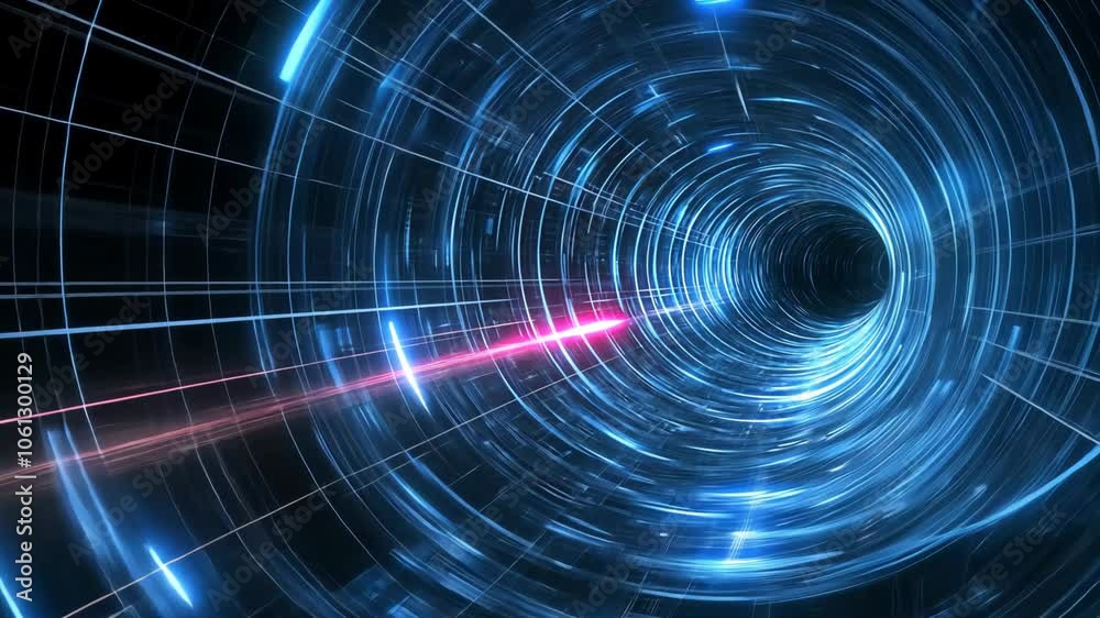light tunnel , moving through cosmic light, futuristic pink blue neon glow light trial speed motion moving forward on blue dark background