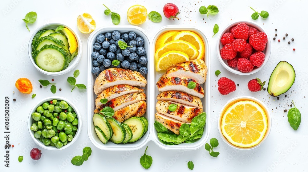 Capture a clean and colorful meal prep setup showcasing chicken breast marinated with lemon and herbs, ready to be grilled, surrounded by fresh produce for a healthy diet. Capture a clean and colorful meal prep setup showcasing chicken breast marinated with lemon and herbs, ready to be grilled, surrounded by fresh produce for a healthy diet.