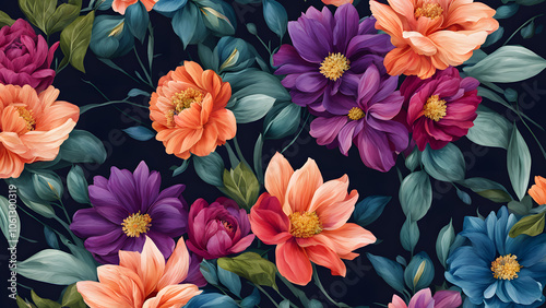 A colorful floral pattern is displayed on a black background