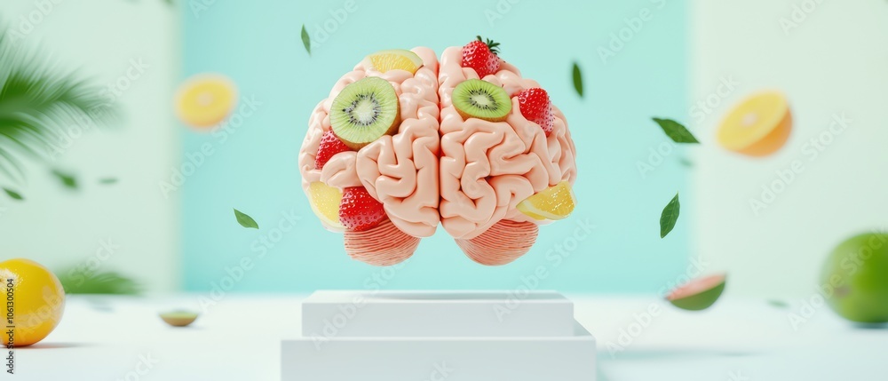 Conceptual brain made of vibrant fruits, floating amidst a colorful background. Conceptual brain made of vibrant fruits, floating amidst a colorful background.