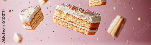 Many pieces of cake that are flying in the air